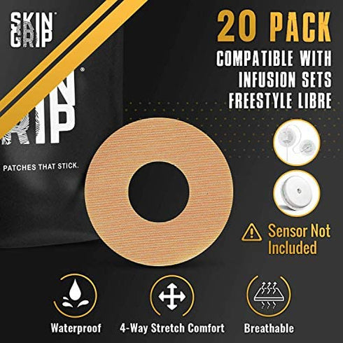 Skin Grip CGM Patches for Dexcom G5 G4 (20-Pack), Waterproof & Sweatproof for 10-14 Days, Pre-Cut Adhesive Tape, Continuous Glucose Monitor Protection (Tan)